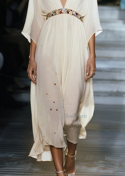 Women White V Neck Draping Chiffon Vacation Dresses Summer