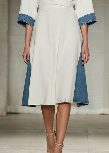 Women White V Neck Patchwork Denim Day Dress Summer