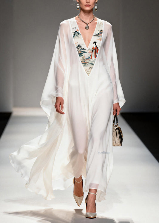 Women White V Neck Print Patchwork Chiffon Dresses Spring