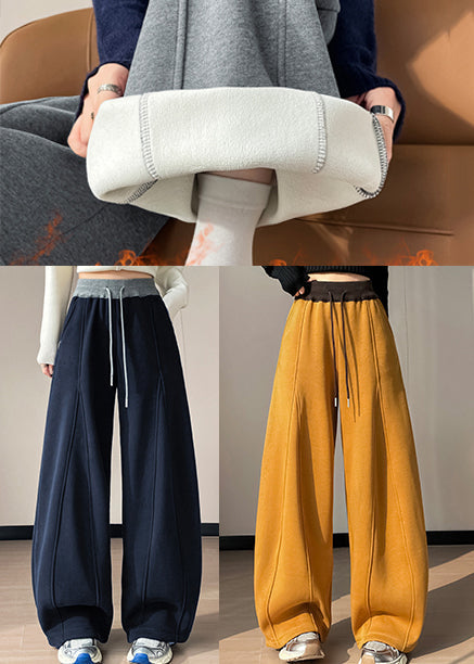 Women Yellow Elastic Waist Patchwork Warm Fleece Pants Winter