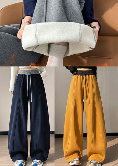 Women Yellow Elastic Waist Patchwork Warm Fleece Pants Winter
