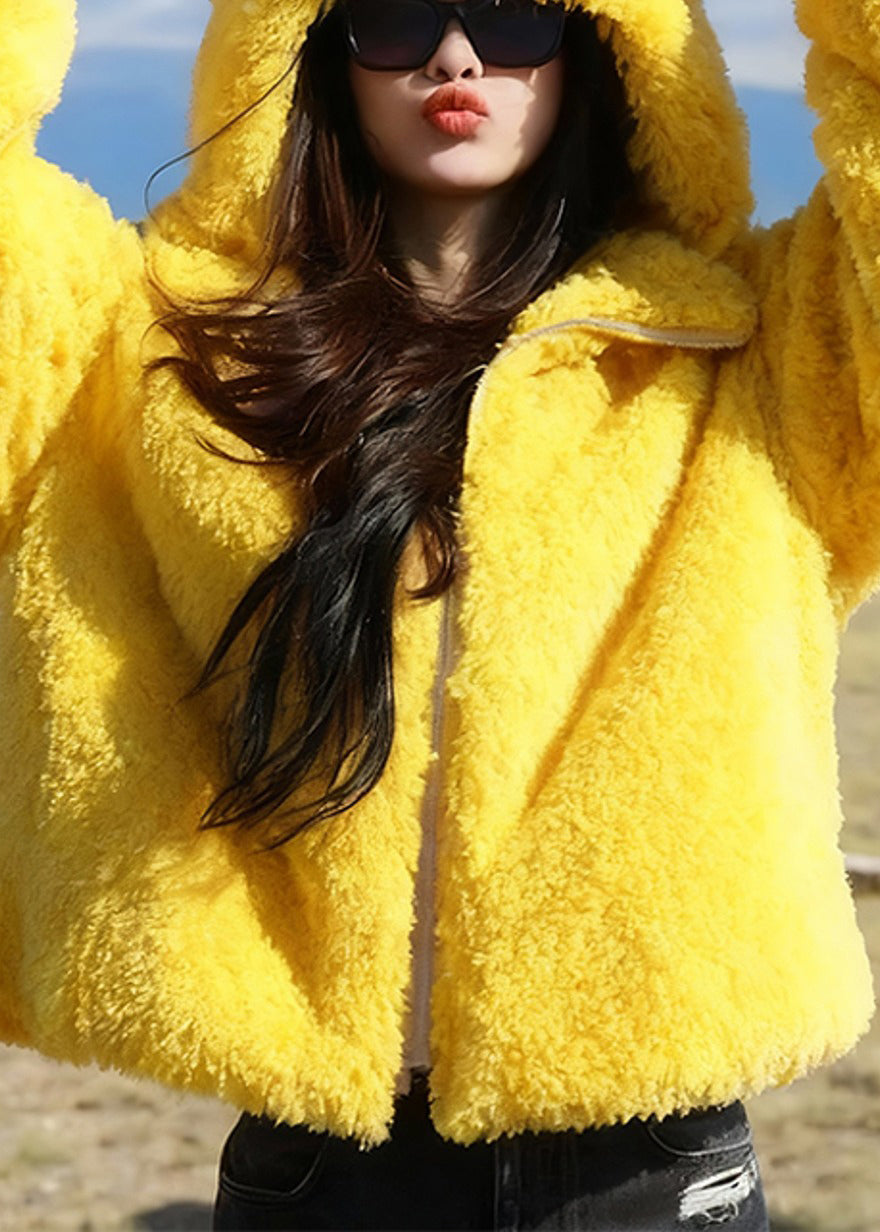 Women Yellow Hooded Rabbit Ears Zippered Solid Fluffy Coats Winter