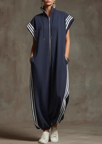 Women Yellow Stand Collar Zip Up Striped Cotton Jumpsuit Summer