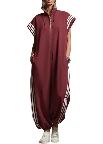 Women Yellow Stand Collar Zip Up Striped Cotton Jumpsuit Summer