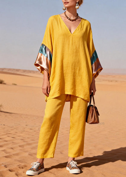 Women Yellow V Neck Silk Patchwork Linen Two Piece Set Summer