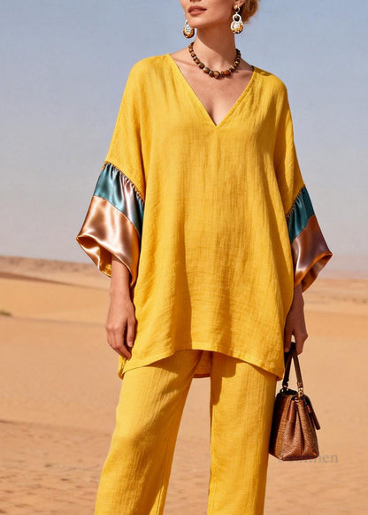 Women Yellow V Neck Silk Patchwork Linen Two Piece Set Summer