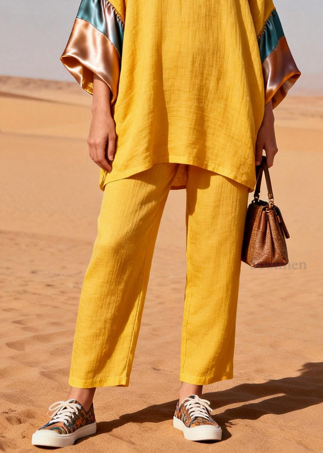 Women Yellow V Neck Silk Patchwork Linen Two Piece Set Summer