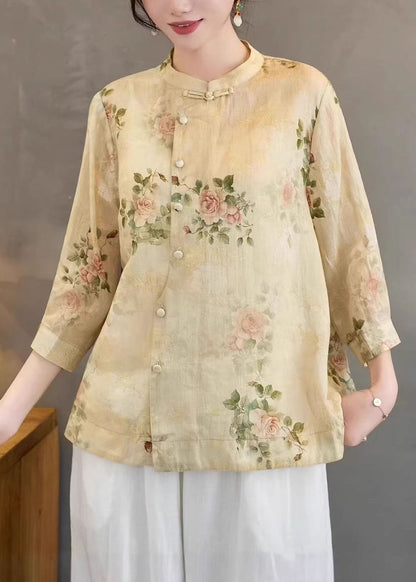 Yellow Print Linen Shirts Stand Collar Chinese Button Summer