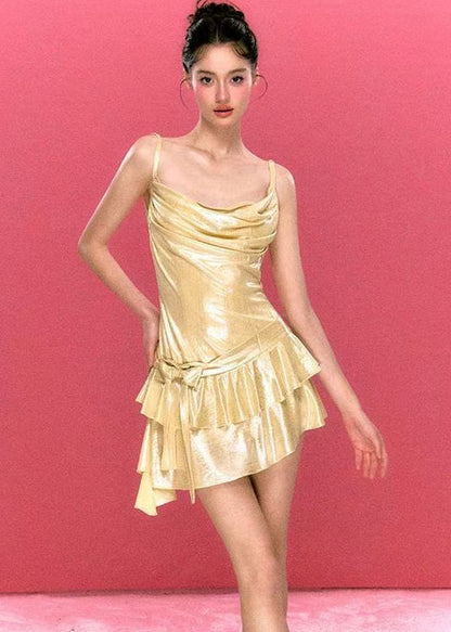 Yellow Tea Dress Asymmetrical Design Bow Summer