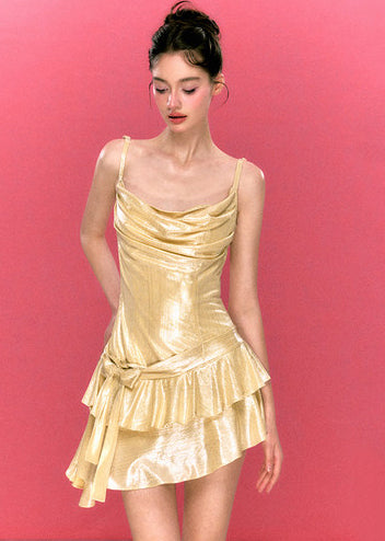 Yellow Tea Dress Asymmetrical Design Bow Summer