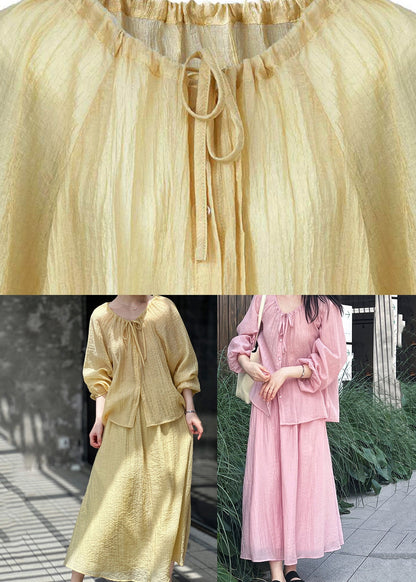 Yellow Tie Lace Solid Top And Maxi Skirts Two-Piece Set Fall