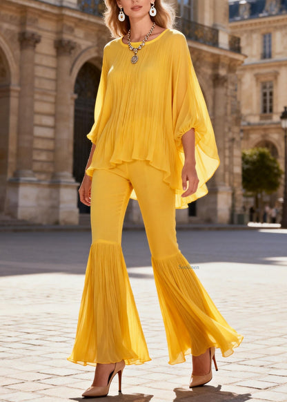 Yellow Wrinkled Solid Two Pieces Set O Neck Bracelet Sleeve