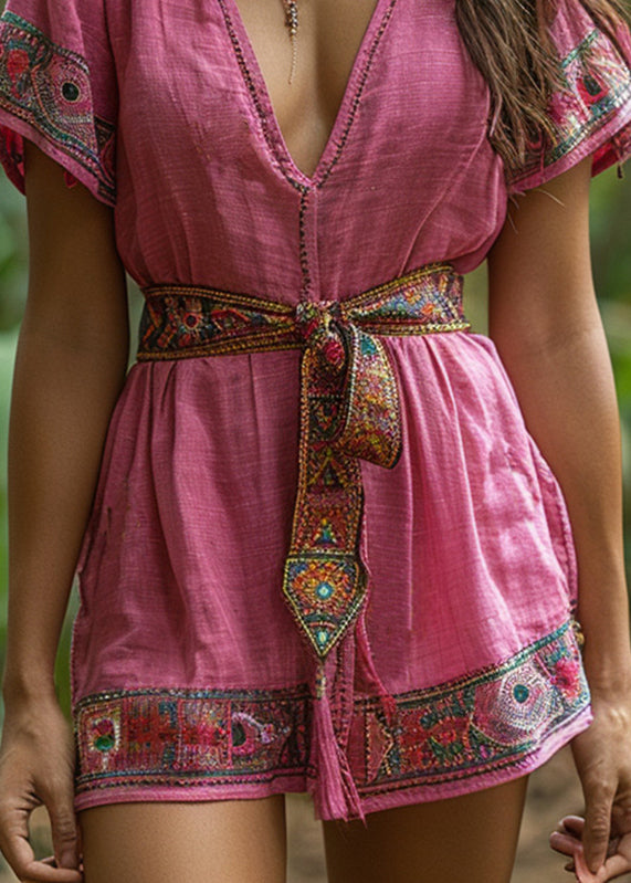 Beautiful-Pink-V-Neck-Lace-Up-Patchwork-Cotton-Mid-Dresses-Summer