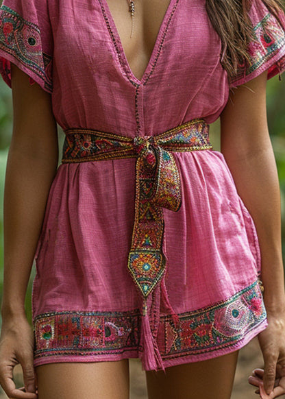 Beautiful-Pink-V-Neck-Lace-Up-Patchwork-Cotton-Mid-Dresses-Summer