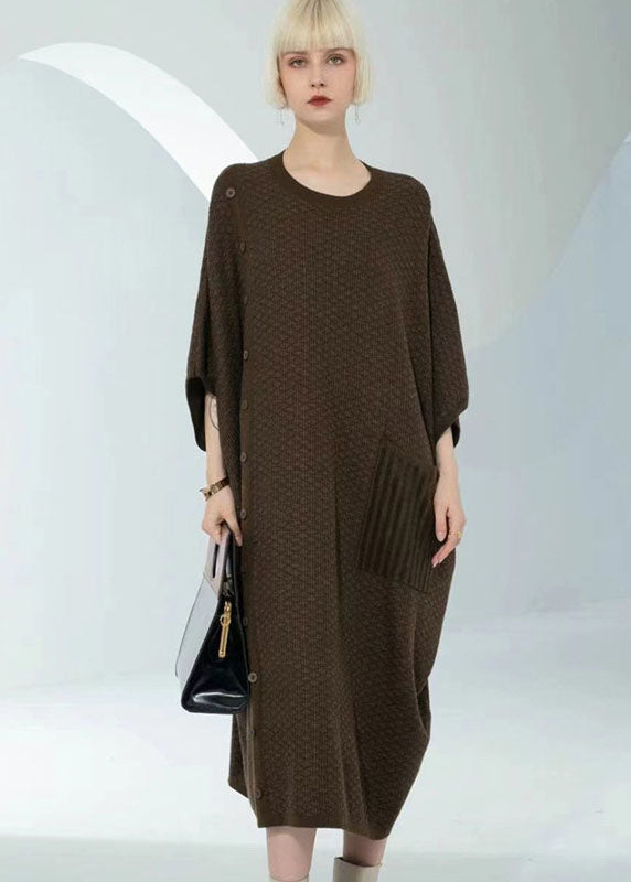 Boutique Coffee O-Neck Patchwork Button Long Wool Knit Dress Bracelet Sleeve