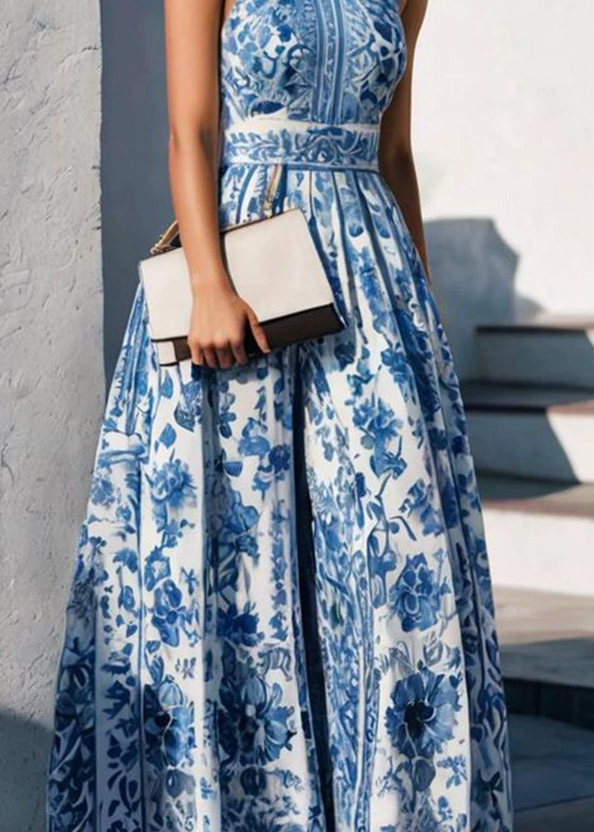 Boho Baby Blue Peter Pan Collar Print Maxi Dress Summer