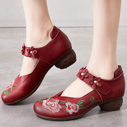 Women Vintage Floral Embroidery Leather Casual Shoes