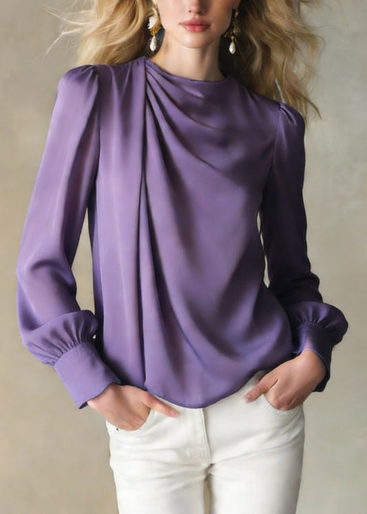 Classy Purple Wrinkled Silk Shirt Top Spring