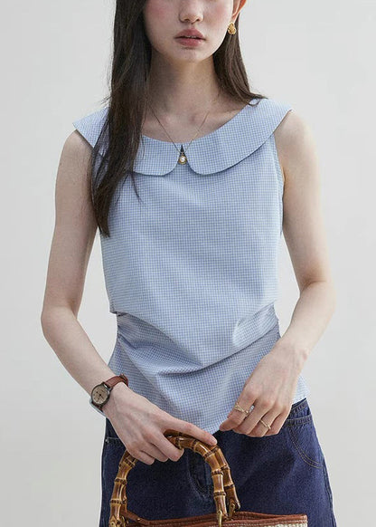 Elegant Blue Peter Pan Collar Plaid Cotton Shirt Sleeveless