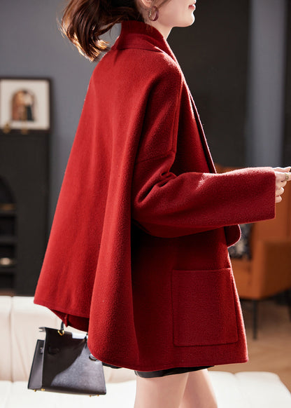 Chic Red Peter Pan Collar Pockets Woolen Cardigans Coat Spring