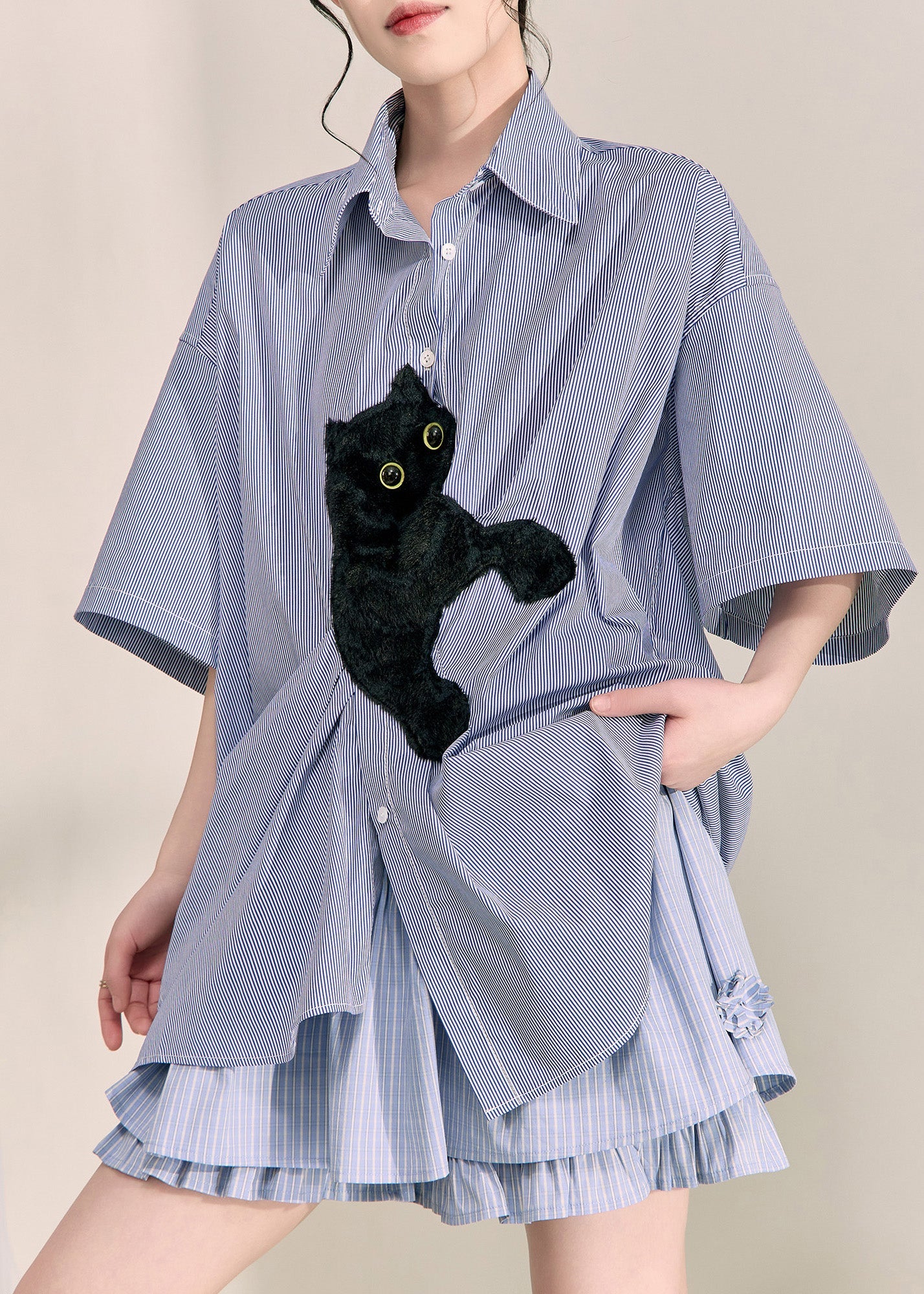 Casual Blue Peter Pan Collar Little Cats Striped Shirts Summer