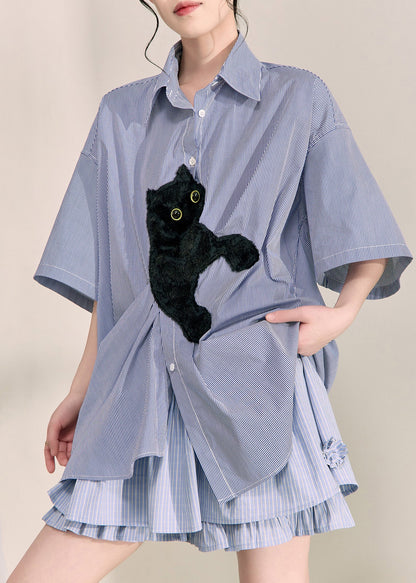 Casual Blue Peter Pan Collar Little Cats Striped Shirts Summer