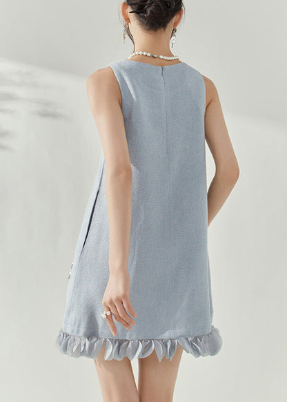 Elegant Blue O-Neck Patchwork Nail Bead Mid Dresses Sleeveless