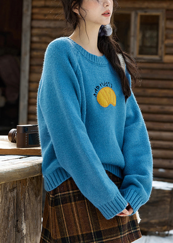 Blue O-Neck Patchwork Cozy Cotton Knit Sweater Fall