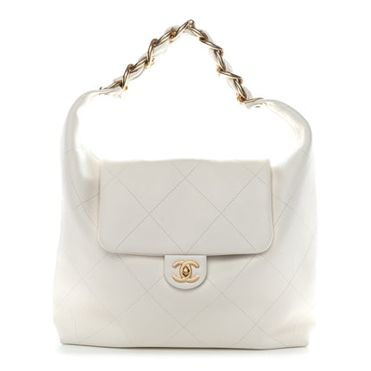 Calfskin Quilted Small Maxi Chain Hobo White