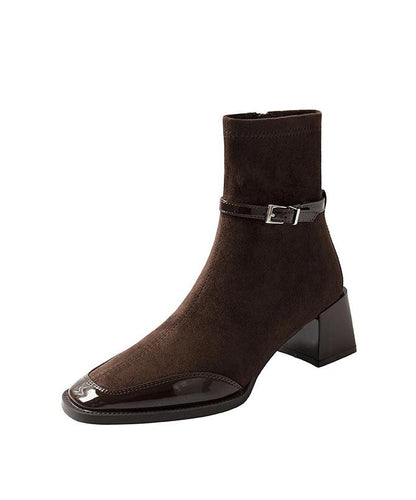 Brown Zippered Chunky Suede Elegant Splicing Boots