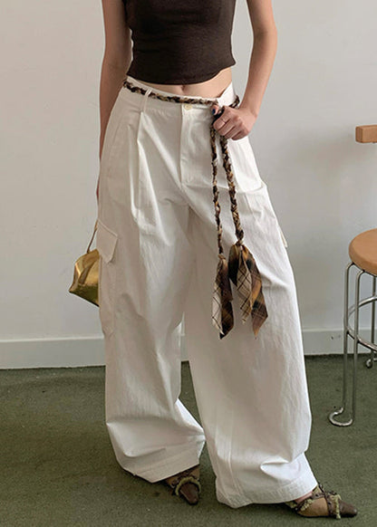 Casual White Pockets High Waist Cotton Wide Leg Pants Fall