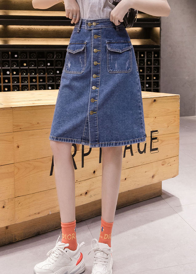 Simple Blue Pocket Button Cotton Denim Wraped Skirt Cozy