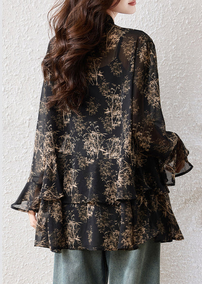 Boho Black Oversized Print Chiffon Shirts Fall