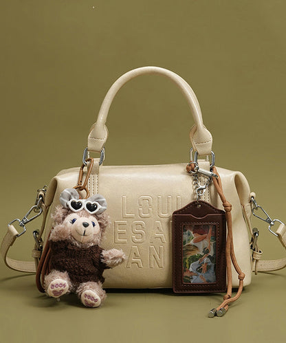 Boho Beige Letter Embossing Bear Decorated Faux Leather Tote Handbag