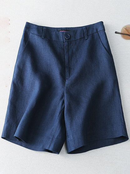 Solid Color Mid-waistline Casual Linen Wide Leg Shorts