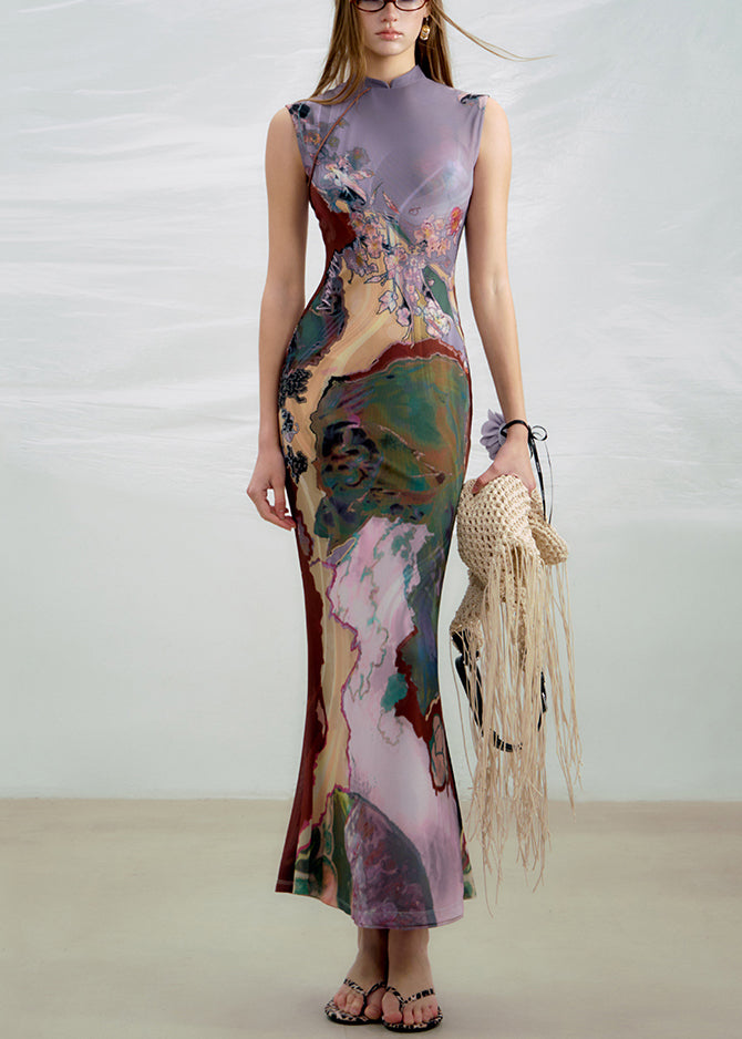 Purple Wear On Both Sides Long Dress Print Sleeveless