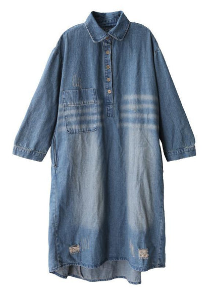 Women lapel Hole  outfit Shape denim blue Dresses