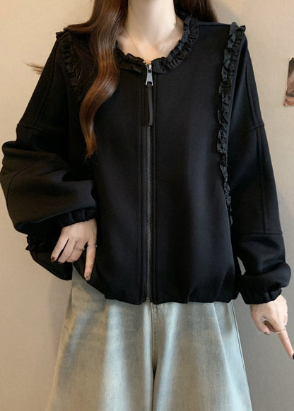 Black Zip Up Solid Cotton Coats Ruffled Long Sleeve