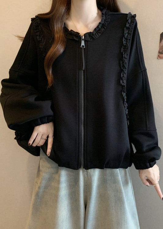 Black Zip Up Solid Cotton Coats Ruffled Long Sleeve