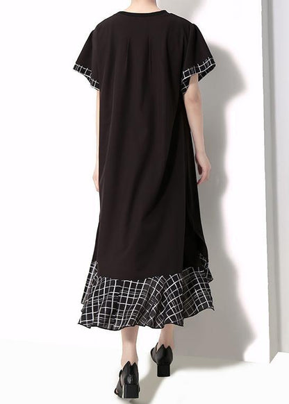 Loose cotton quilting clothes plus size Plaid Splided Loose Flare Sleeve Dress