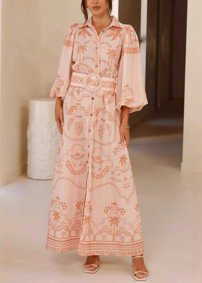 Pink Peter Pan Collar Button Long Dresses Fall