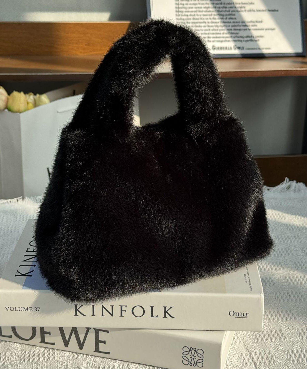 Stylish Leopard Fuzzy Fur Fluffy Large Capacity Tote Handbag