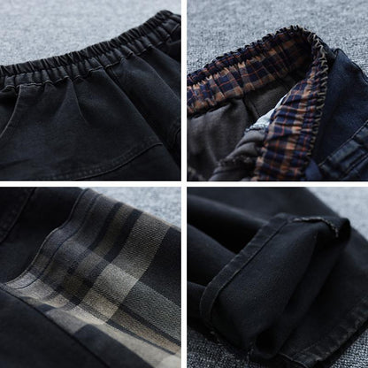 Vintage Autumn Plaid Pockets Casual Cotton Denim Pants