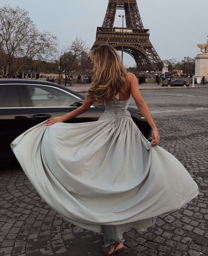 French Halter Deep V Ruched Slit Flare Maxi Dress | Luxury Elegant Waist-Cinching Slimming Evening Gown