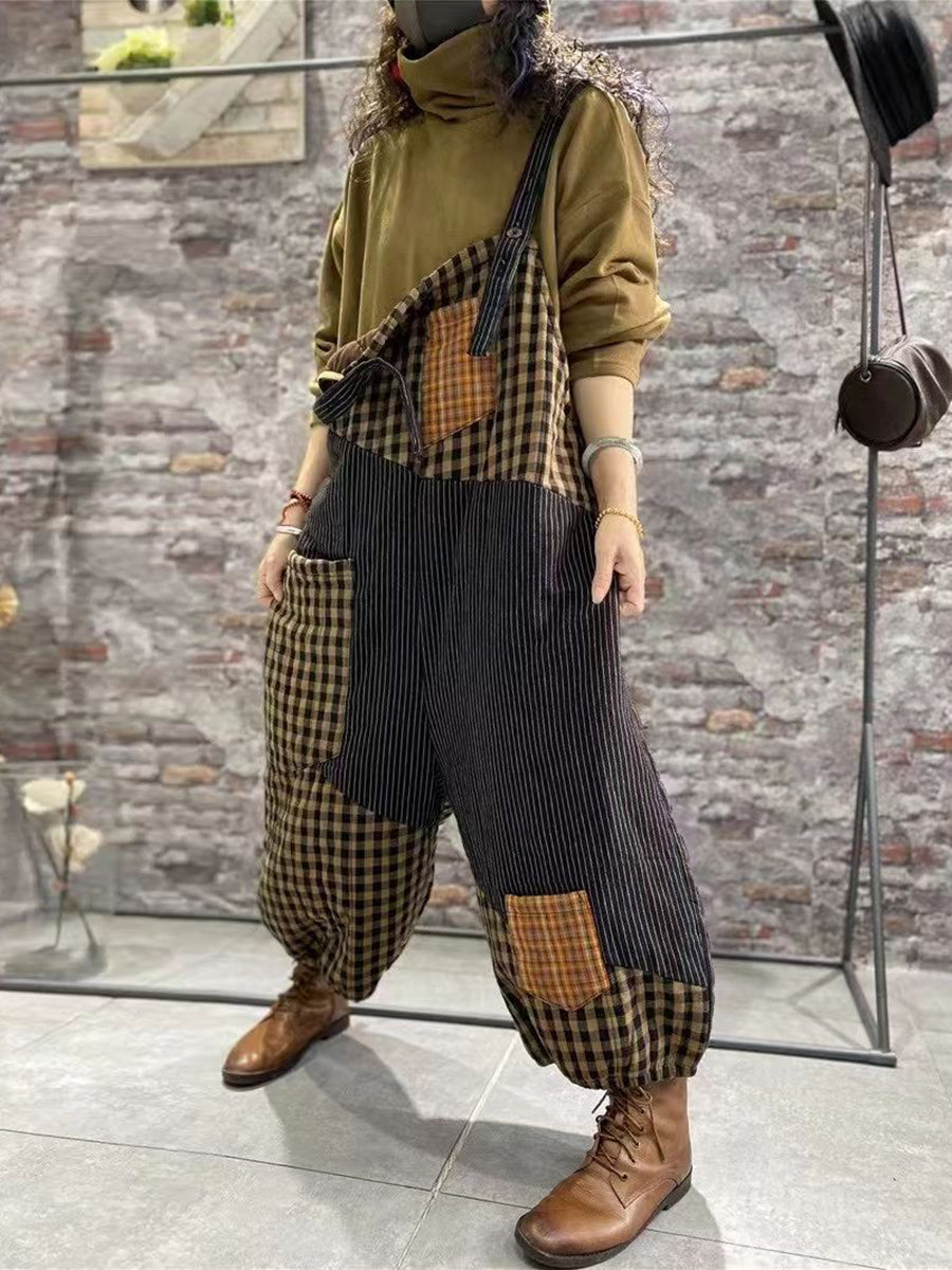 Women Plaid Thick Baggy Vintage Overalls Jumpsuit