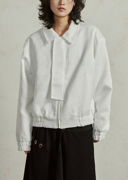 White Jacquard Pockets Silk Fall Coat Peter Pan Collar