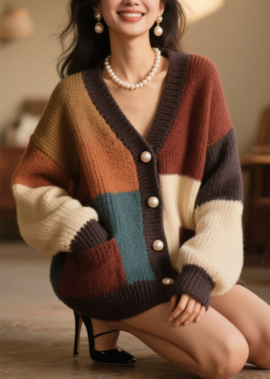 Beautiful Colorblock Button Pockets Knit Cardigan Fall