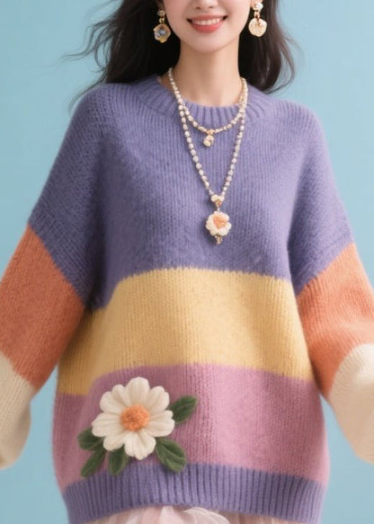 Boutique Colorblock O Neck Floral Knit Sweaters Fall