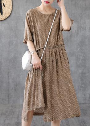 Elegant o neck asymmetric cotton linen dresses Catwalk khaki print Dresses summer