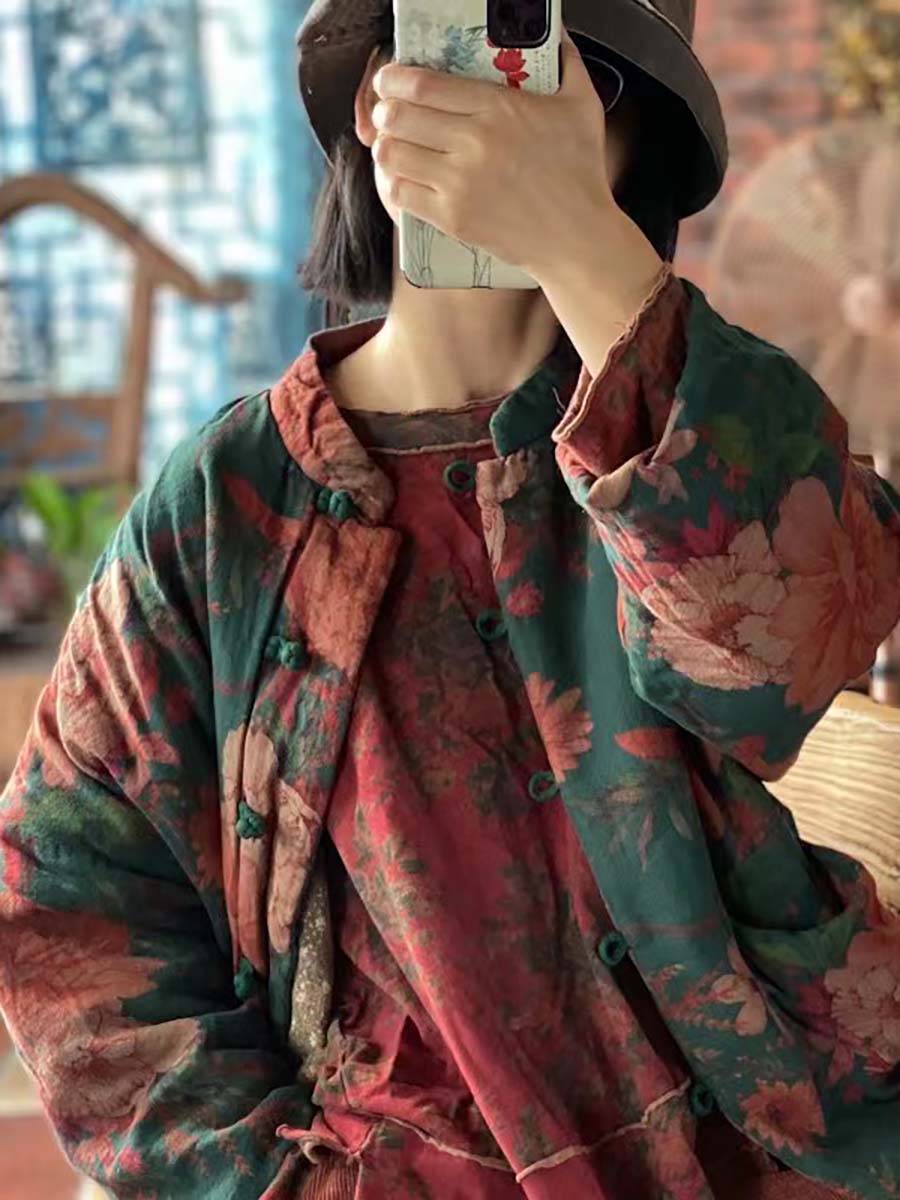 Women Winter Vintage Floral Print Frog Cotton Coat